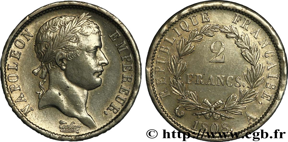 2 francs Napoléon Ier tête laurée, République française 1808 Paris F.254/4 AU53 