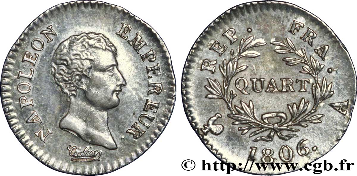 Quart (de franc) Napoléon Empereur, Calendrier grégorien 1806 Paris F.159/1 SPL58 