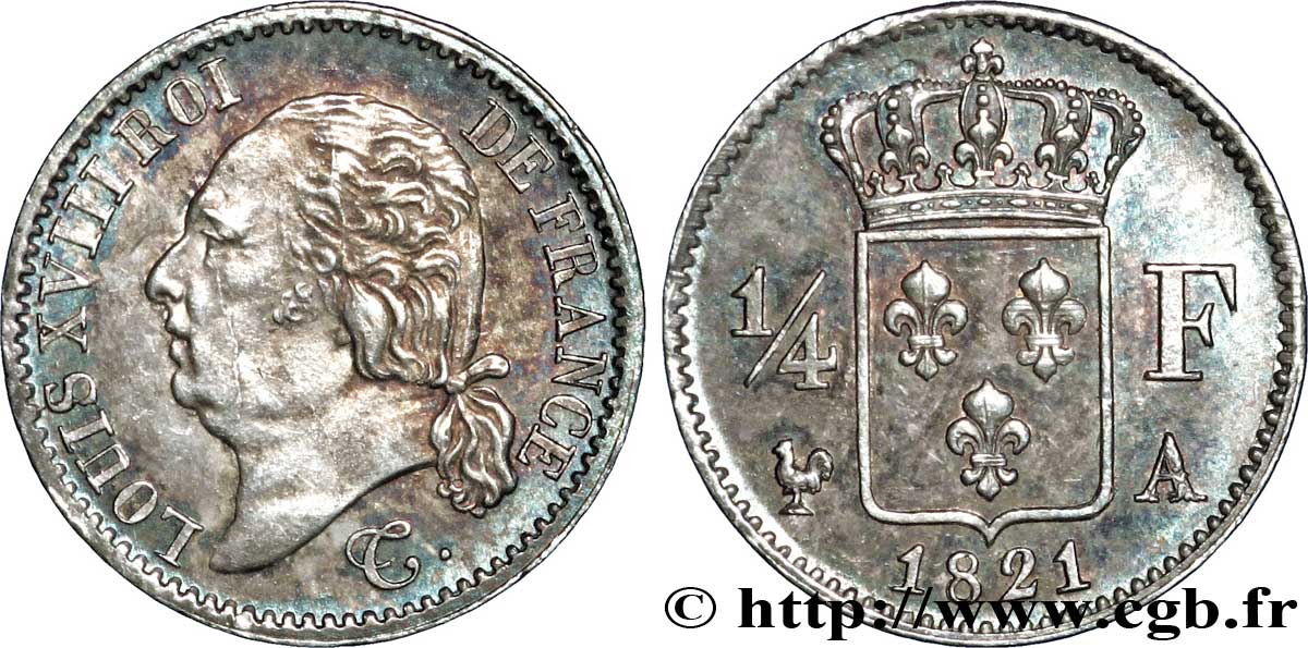 1/4 franc Louis XVIII  1821 Paris F.163/20 MS62 