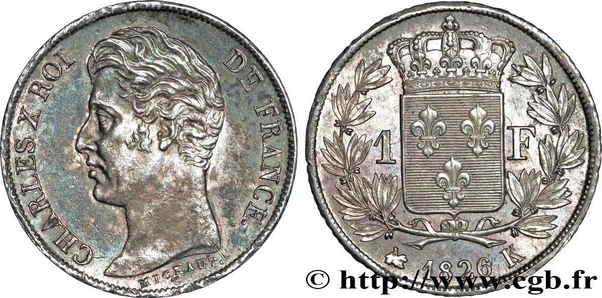 1 franc Charles X, matrice du revers à cinq feuilles 1826 Bordeaux F.207/19 VZ60 