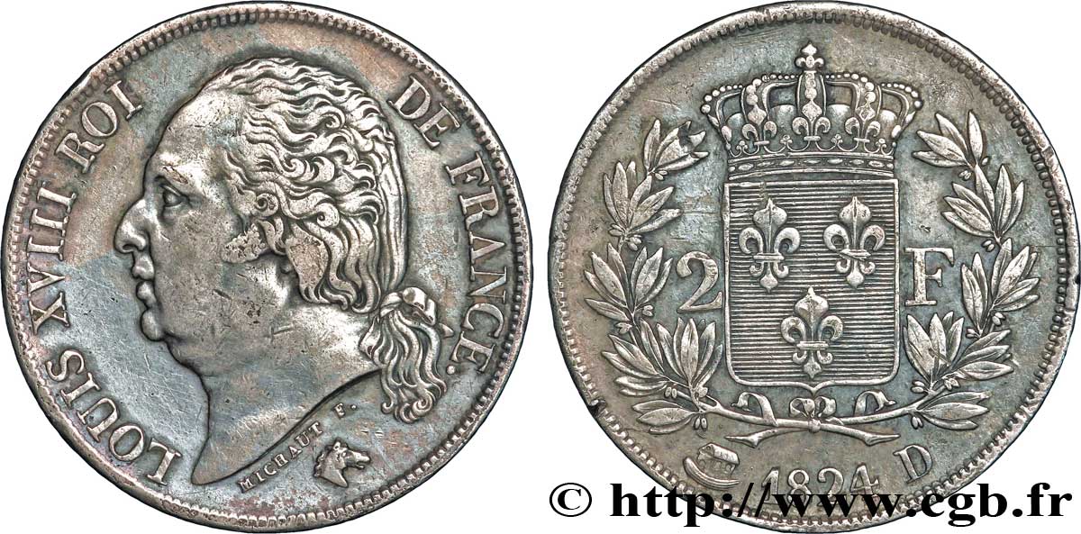 2 francs Louis XVIII 1824 Lyon F.257/53 TTB52 
