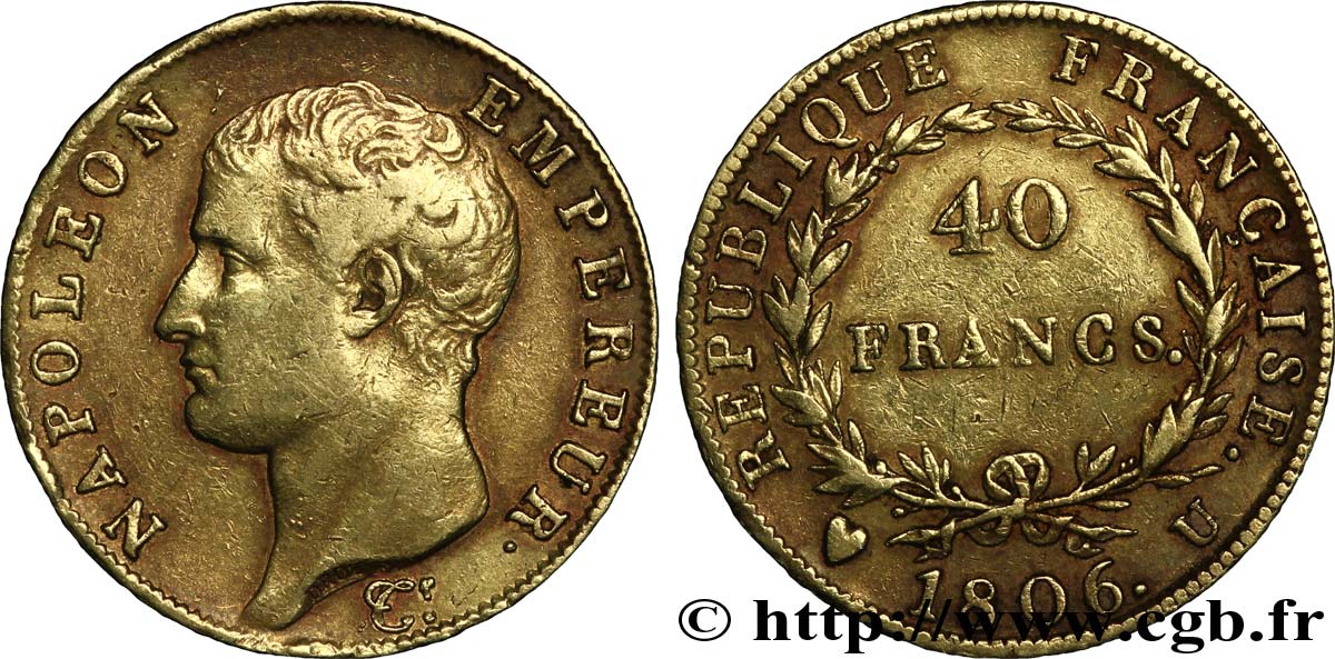 40 francs or Napoléon tête nue, Calendrier grégorien 1806 Turin F.538/4 XF42 