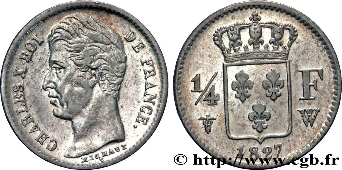 1/4 franc Charles X 1827 Lille F.164/17 XF40 