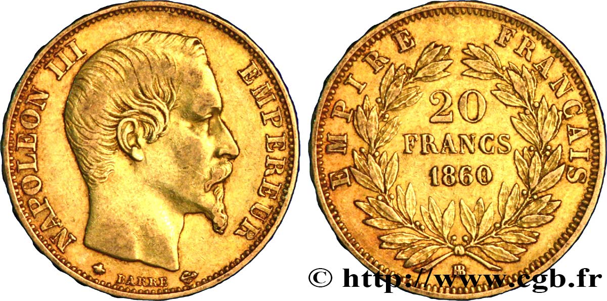 20 francs or Napoléon III, tête nue 1860 Strasbourg F.531/19 MBC45 
