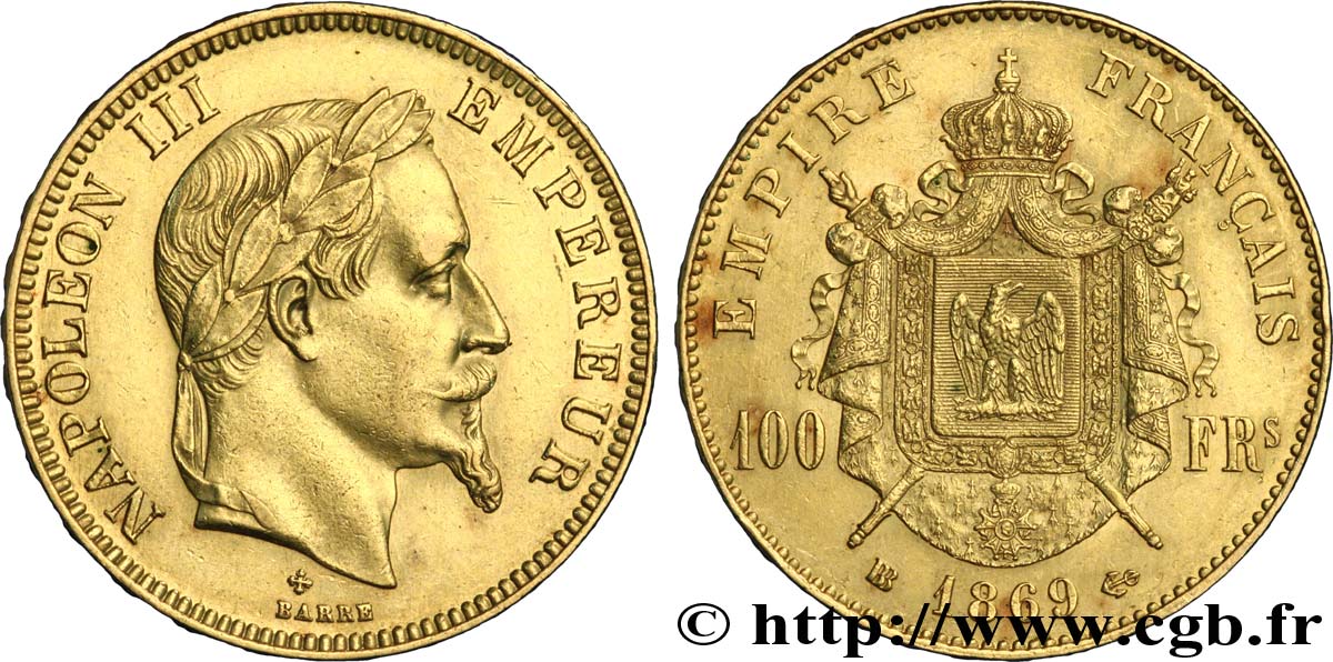 100 francs or Napoléon III, tête laurée 1869 Strasbourg F.551/13 SS50 