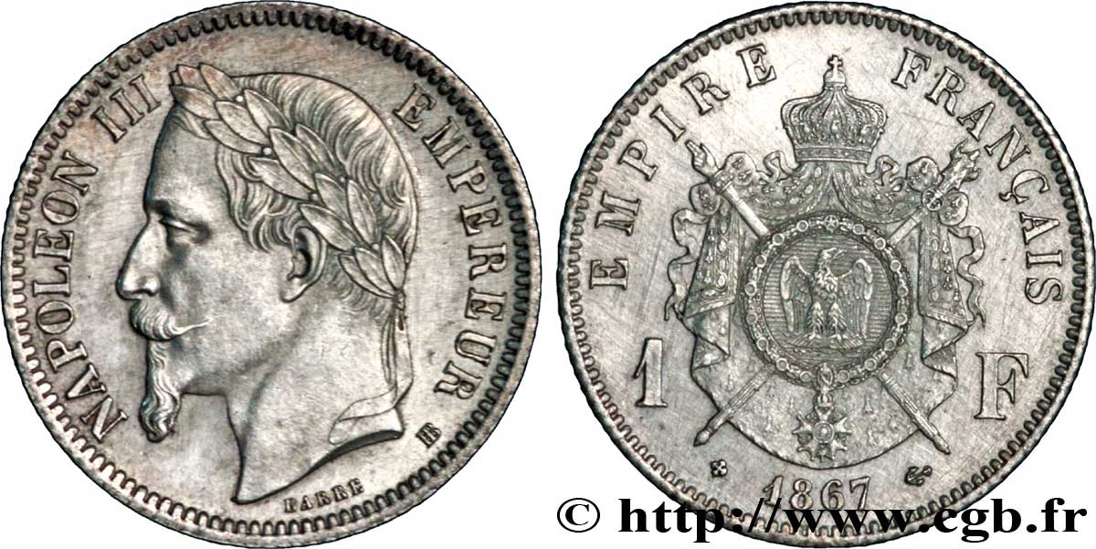 1 franc Napoléon III, tête laurée 1867 Strasbourg F.215/7 SUP58 