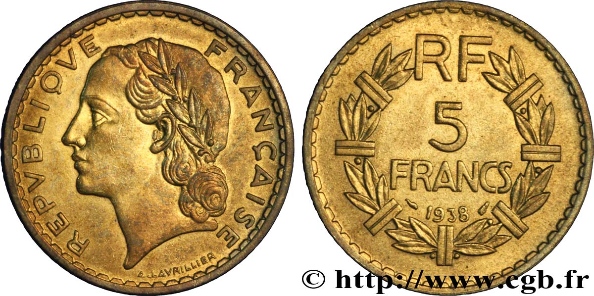 5 francs Lavrillier, bronze-aluminium 1938  F.337/1 SUP58 