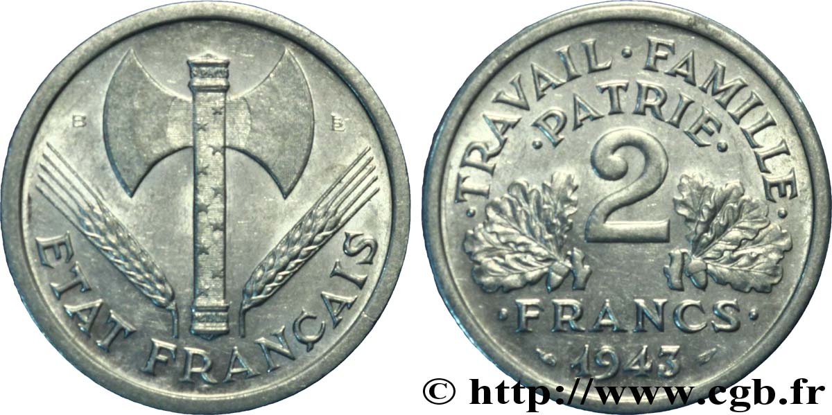 2 francs Francisque 1943 Beaumont-Le-Roger F.270/3 AU58 