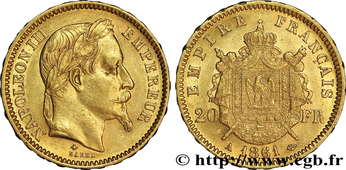 20 francs or Napoléon III, tête laurée 1861 Paris F.532/1 SUP58 