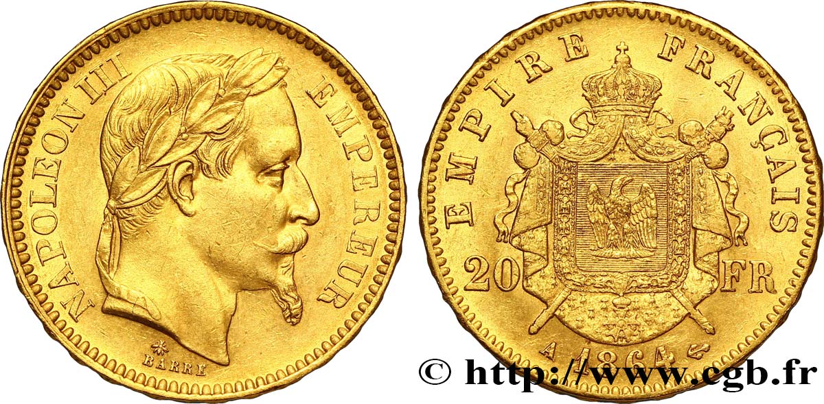20 francs or Napoléon III, tête laurée 1864 Paris F.532/8 SUP58 