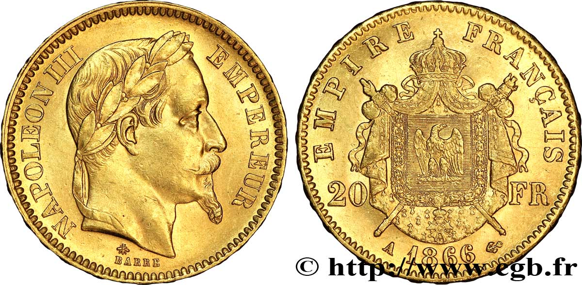 20 francs or Napoléon III, tête laurée 1866 Paris F.532/13 SUP58 
