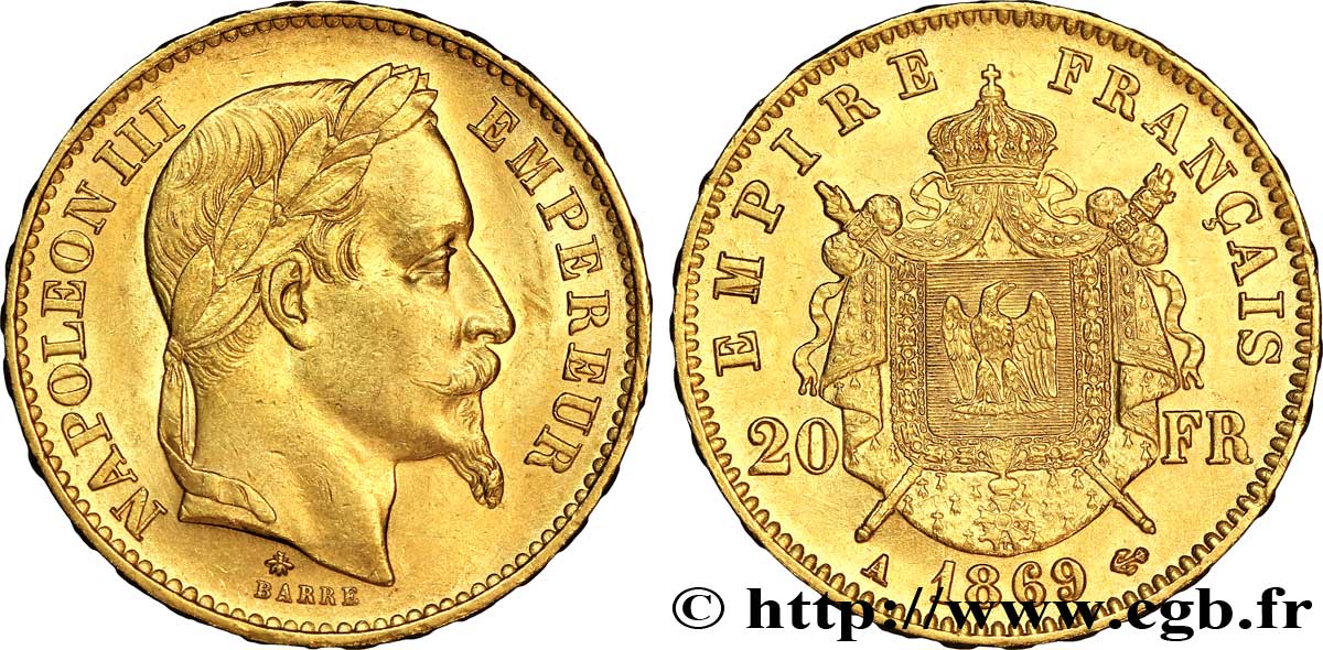 20 francs or Napoléon III, tête laurée 1869 Paris F.532/20 SUP58 
