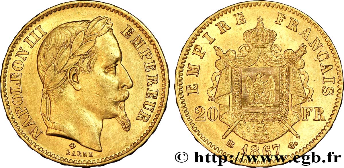 20 francs or Napoléon III, tête laurée 1867 Strasbourg F.532/16 SUP58 