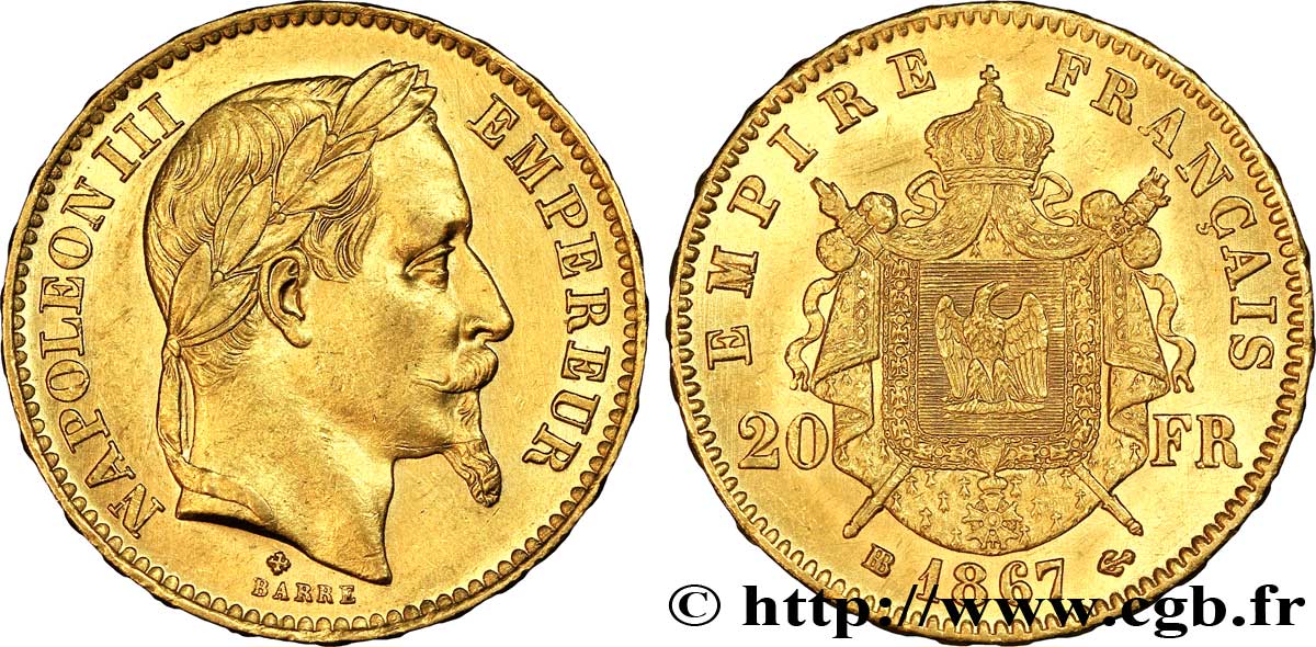 20 francs or Napoléon III, tête laurée 1867 Strasbourg F.532/16 SUP60 