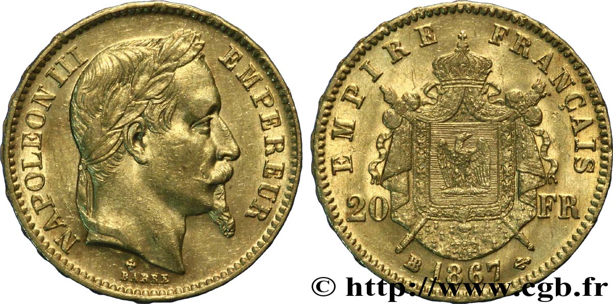 20 francs or Napoléon III, tête laurée, grand BB 1867 Strasbourg F.532/17 SUP58 