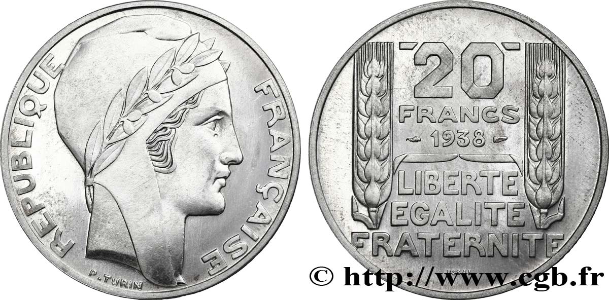 Préparation de la 20 francs Pétain, type Turin, essai en aluminium, tranche lisse, 3,6 g 1938 Paris VG.5489  b FDC65 