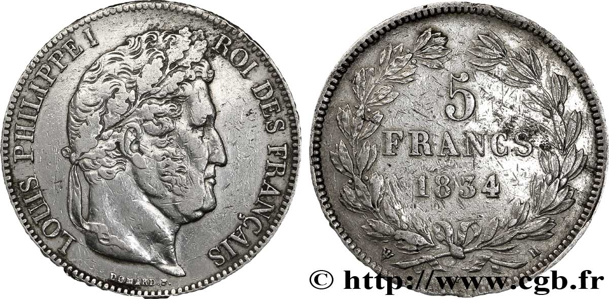 5 francs IIe type Domard 1834 La Rochelle F.324/33 XF 