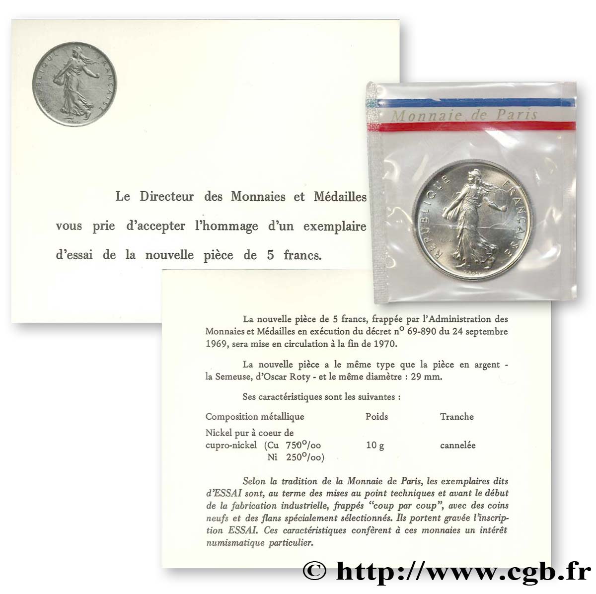 Essai de 5 francs Semeuse, nickel 1970 Paris F.341/1 FDC70 