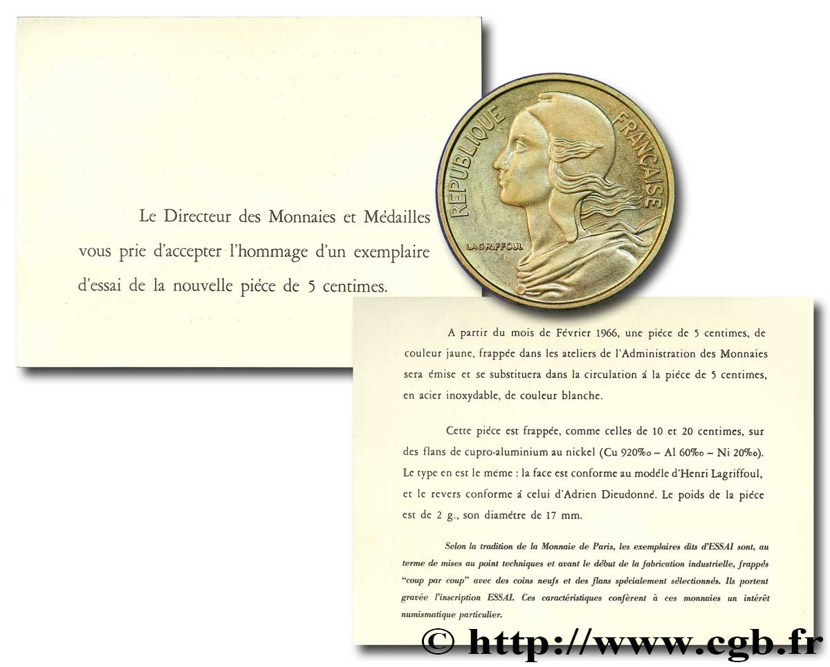 Essai de 5 centimes Marianne 1966 Paris F.125/1 SPL63 