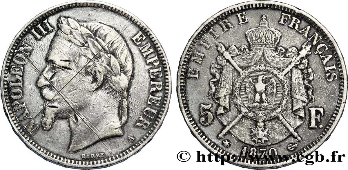 5 francs Napoléon III, tête laurée, monnaie satirique 1870 Paris F.331/16 var. TTB40 