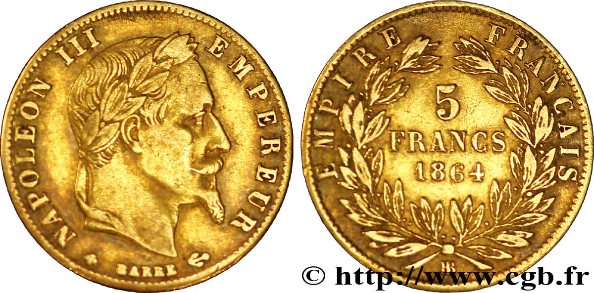 5 francs or Napoléon III, tête laurée 1864 Strasbourg F.502/6 TTB40 