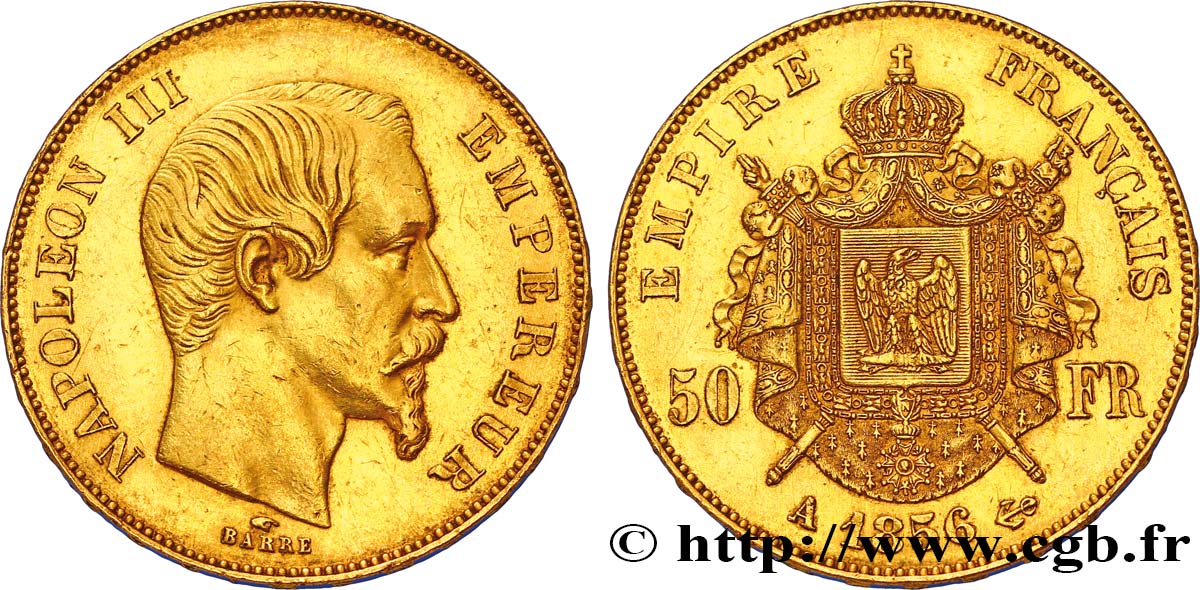 50 francs or Napoléon III, tête nue 1856 Paris F.547/3 AU50 