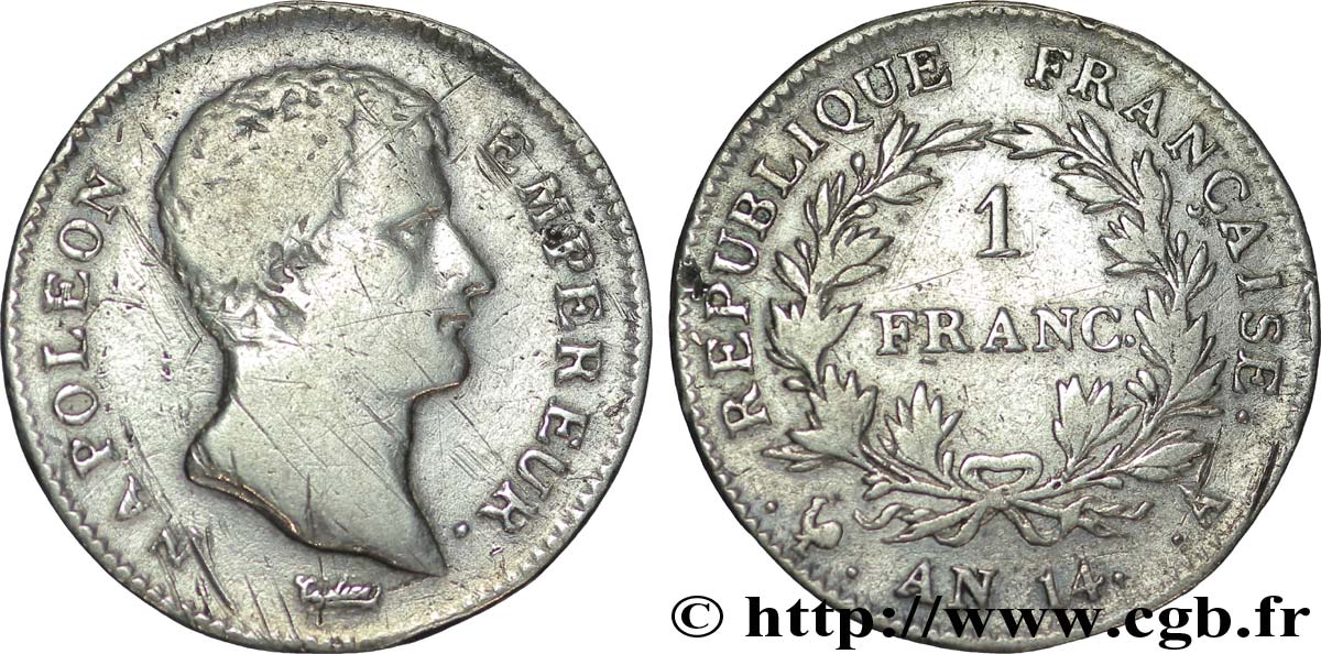 1 franc Napoléon Empereur, Calendrier révolutionnaire 1805 Paris F.201/29 TB30 