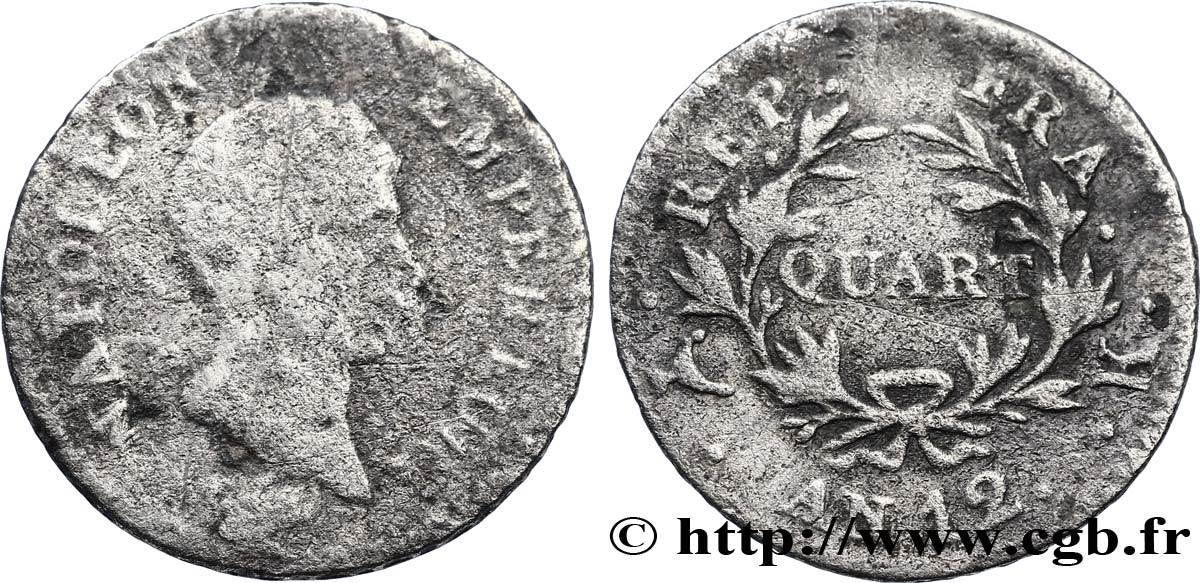 Quart (de franc) Napoléon Empereur, Calendrier révolutionnaire 1804 Bordeaux F.158/5 B10 