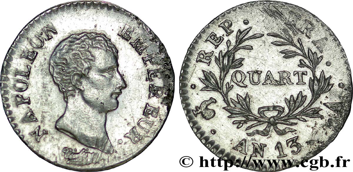 Quart (de franc) Napoléon Empereur, Calendrier révolutionnaire 1805 Paris F.158/8 SUP 