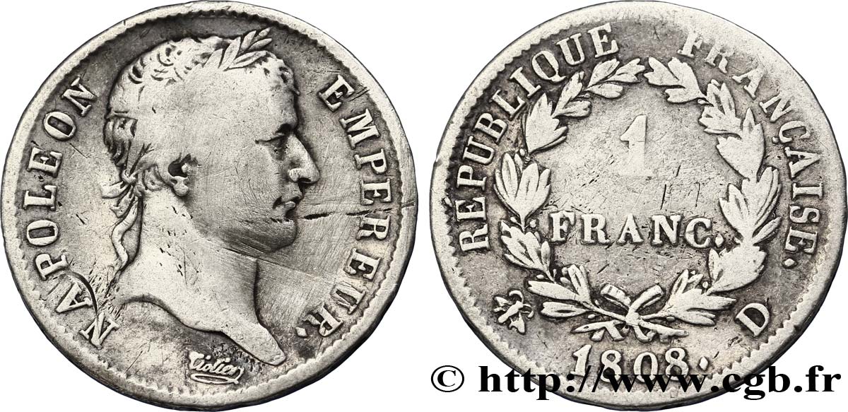 1 franc Napoléon Ier tête laurée, République française 1808 Lyon F.204/5 BC20 