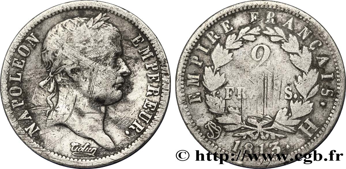 2 francs Napoléon Ier tête laurée, Empire français 1813 La Rochelle F.255/56 RC12 