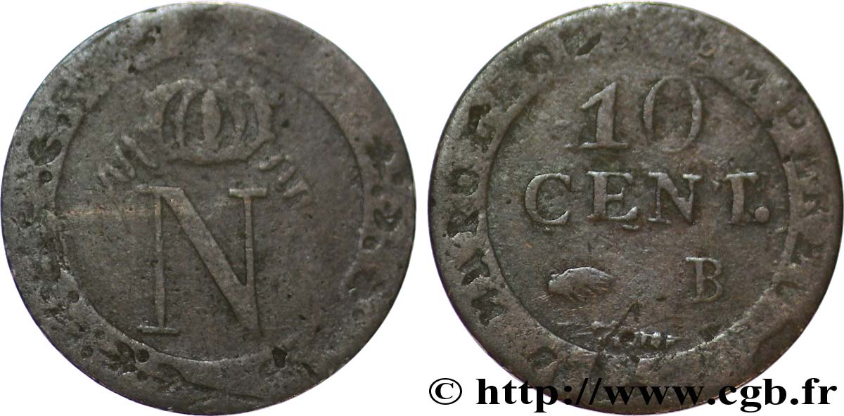 Faux de 10 cent. à l&nbsp;N couronnée 1808 Rouen F.130/3 var. TB20 