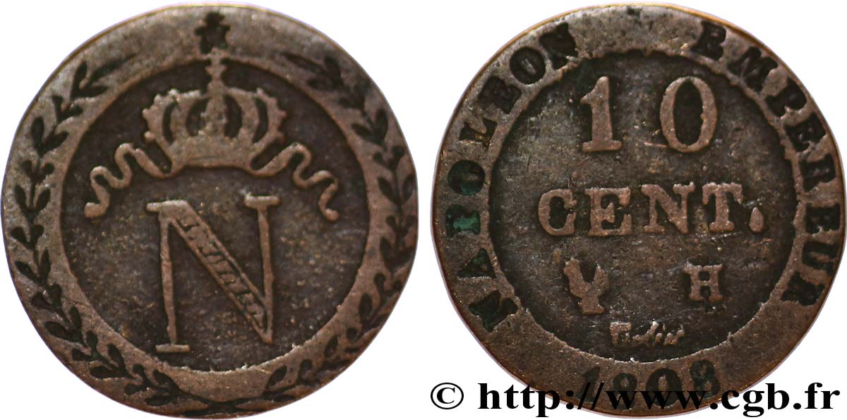Faux de 10 cent. à l&nbsp;N couronnée 1808 La Rochelle F.130/5 var. TB20 