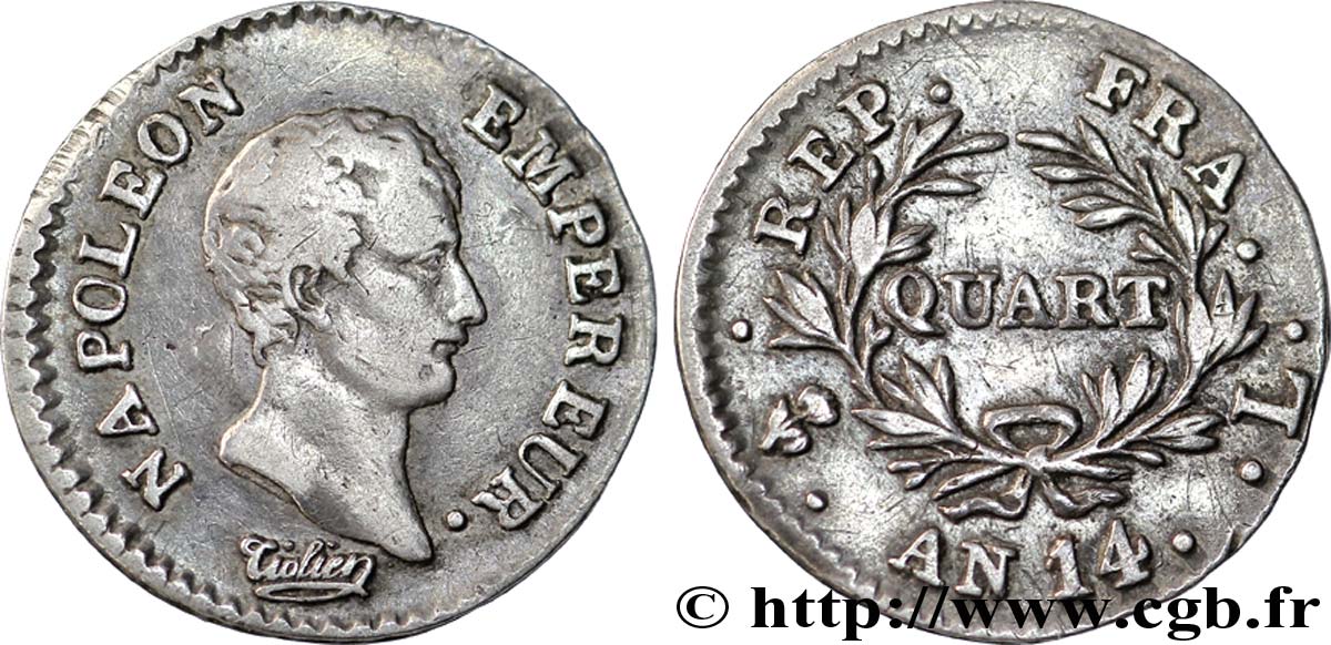Quart (de franc) Napoléon Empereur, Calendrier révolutionnaire 1805 Bayonne F.158/19 TTB40 