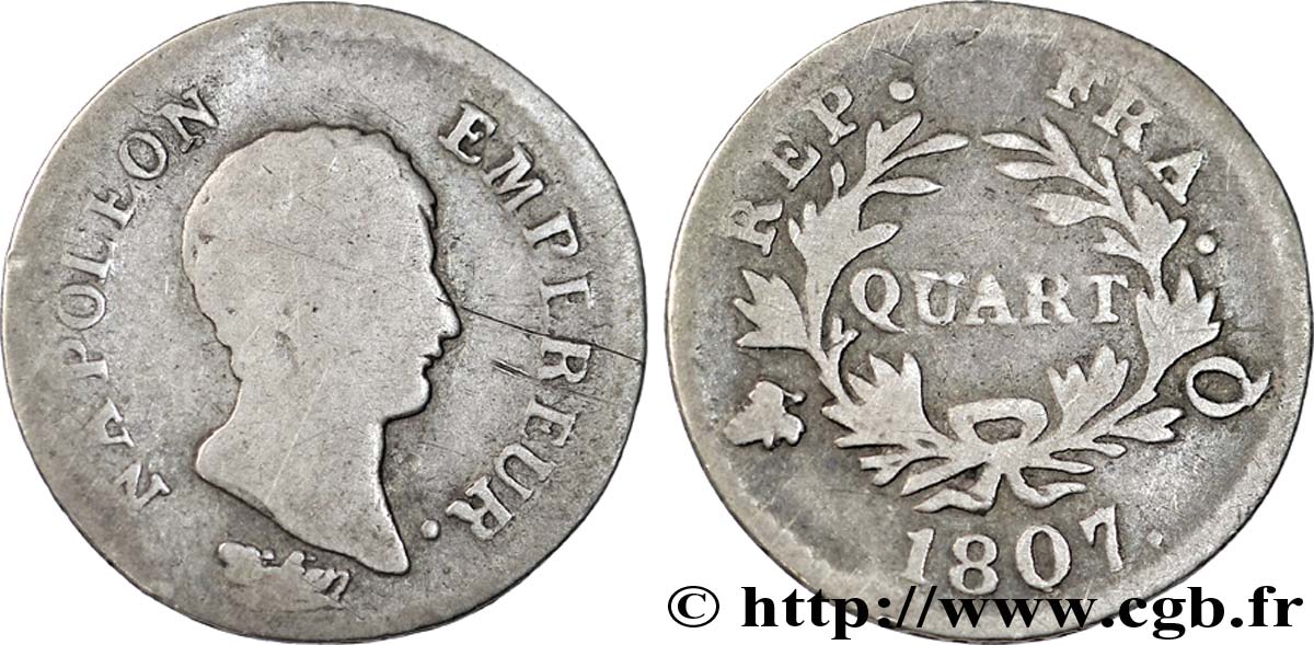 Quart (de franc) Napoléon Empereur, Calendrier grégorien 1807 Perpignan F.159/10 B12 