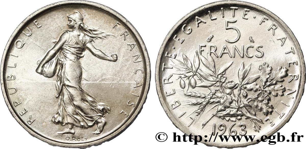 5 francs Semeuse, argent 1963 Paris F.340/7 MS65 