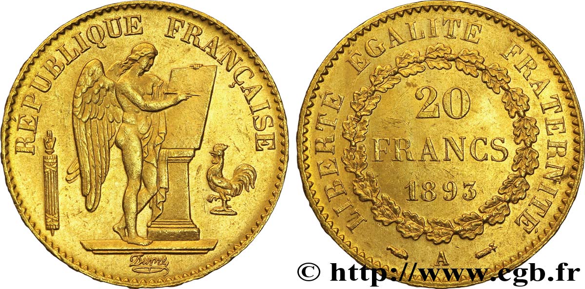20 francs or Génie, IIIe République 1893 Paris F.533/17 SUP60 