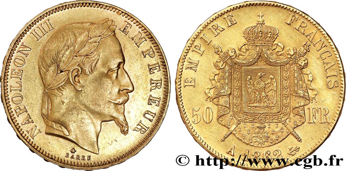 50 francs or Napoléon III, tête laurée 1862 Paris F.548/1 BB45 