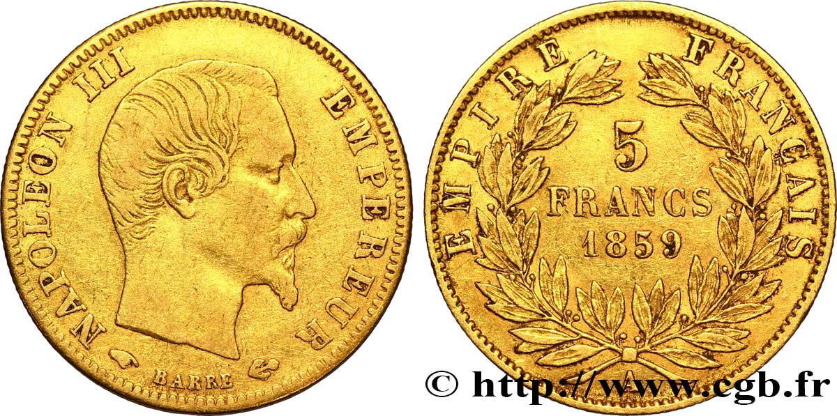 5 francs or Napoléon III, tête nue, grand module 1859 Paris F.501/7 XF40 