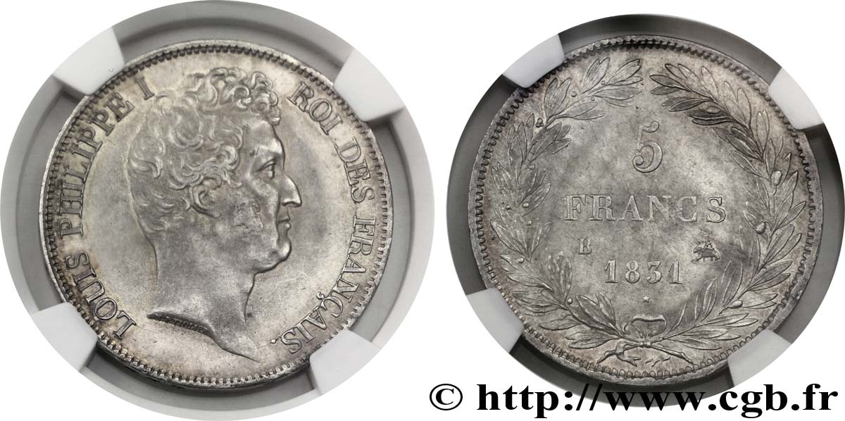 5 francs type Tiolier avec le I, tranche en creux 1831 Rouen F.315/15 MS62 