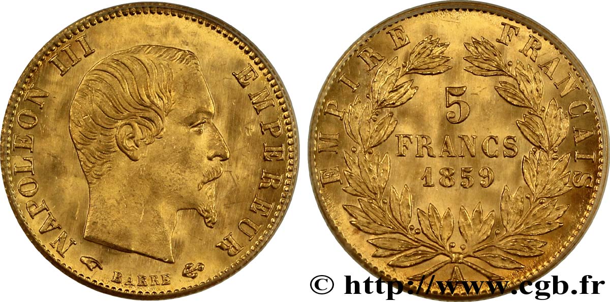 5 francs or Napoléon III, tête nue, grand module 1859 Paris F.501/7 FDC65 