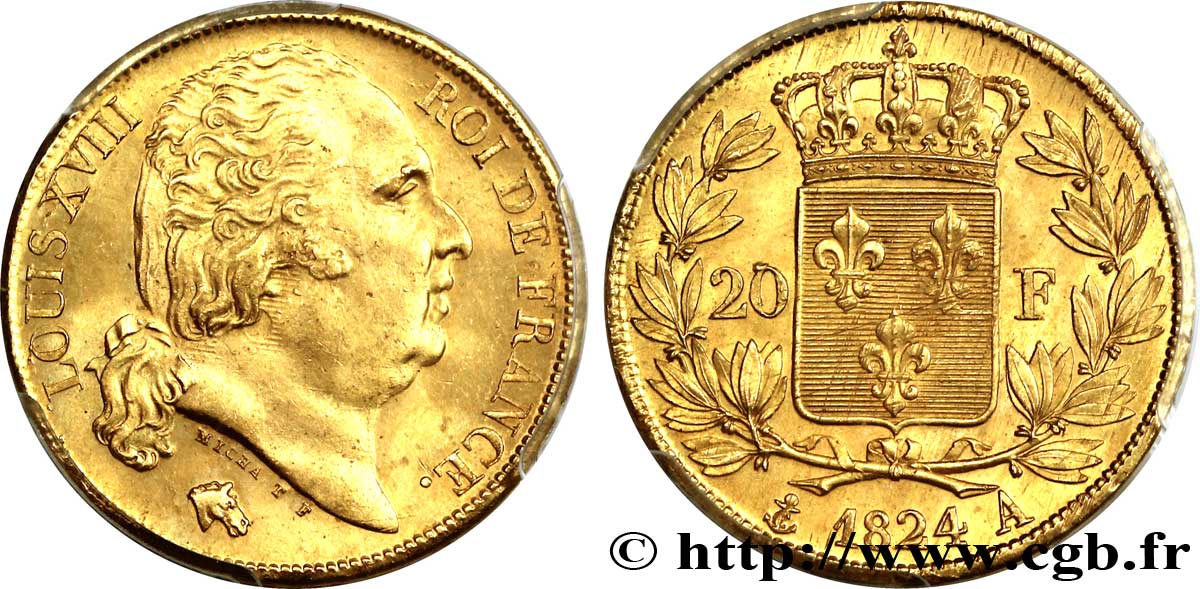 20 francs or Louis XVIII, tête nue 1824 Paris F.519/31 SPL64 