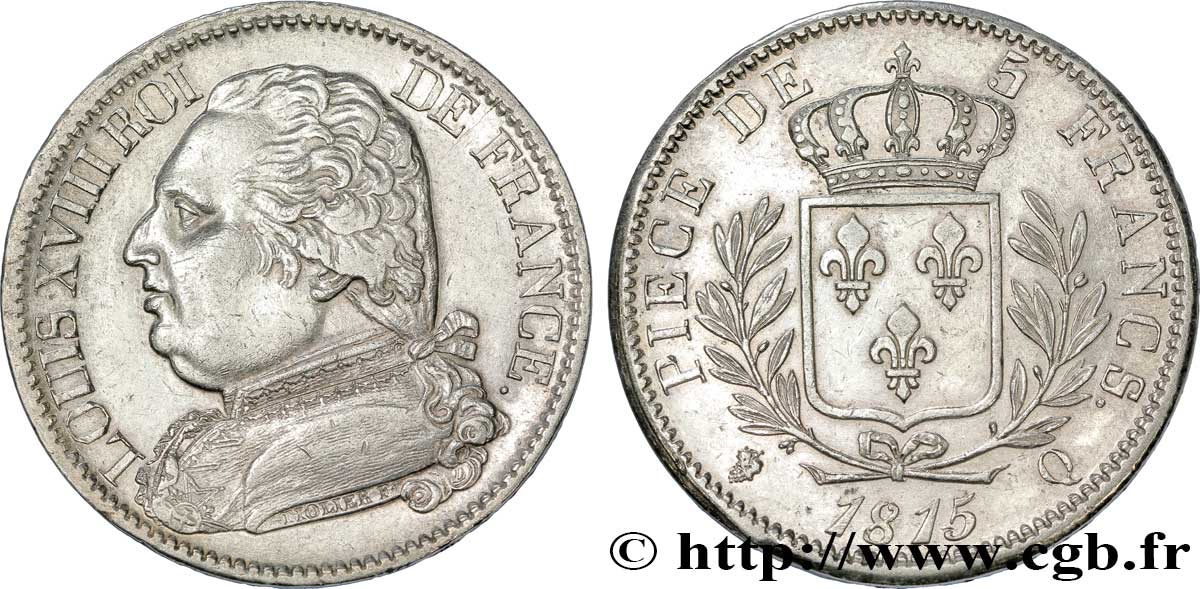 5 francs Louis XVIII, buste habillé 1815 Perpignan F.308/28 TTB53 