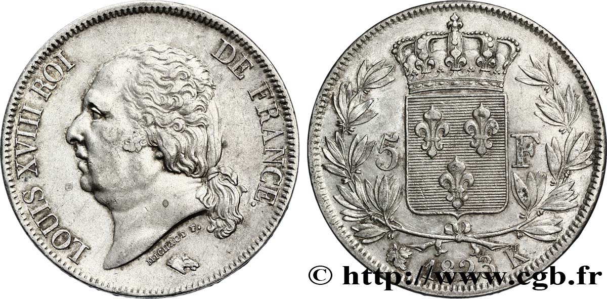 5 francs Louis XVIII, tête nue 1823 Bordeaux F.309/82 AU52 