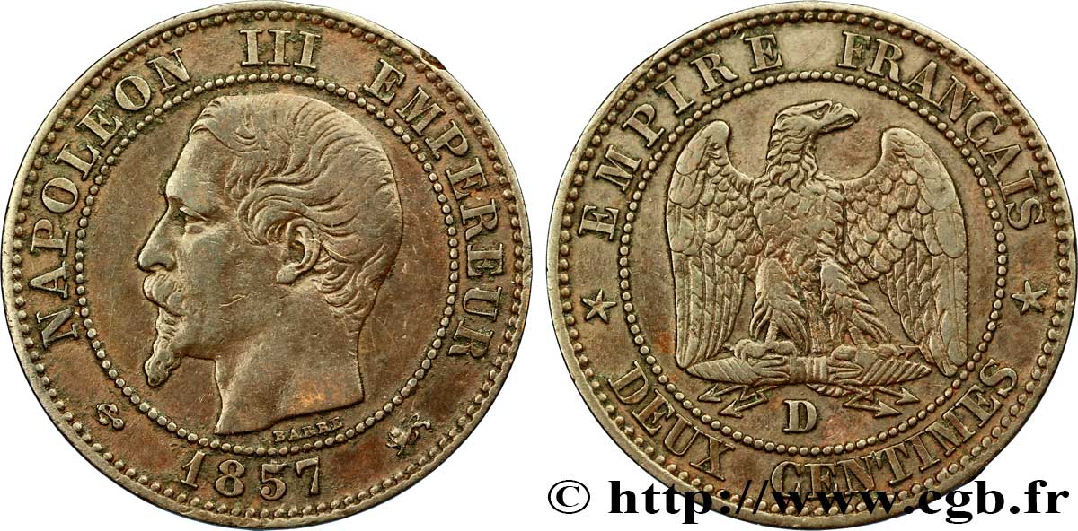 Deux centimes Napoléon III, tête nue 1857 Lyon F.107/46 TTB45 