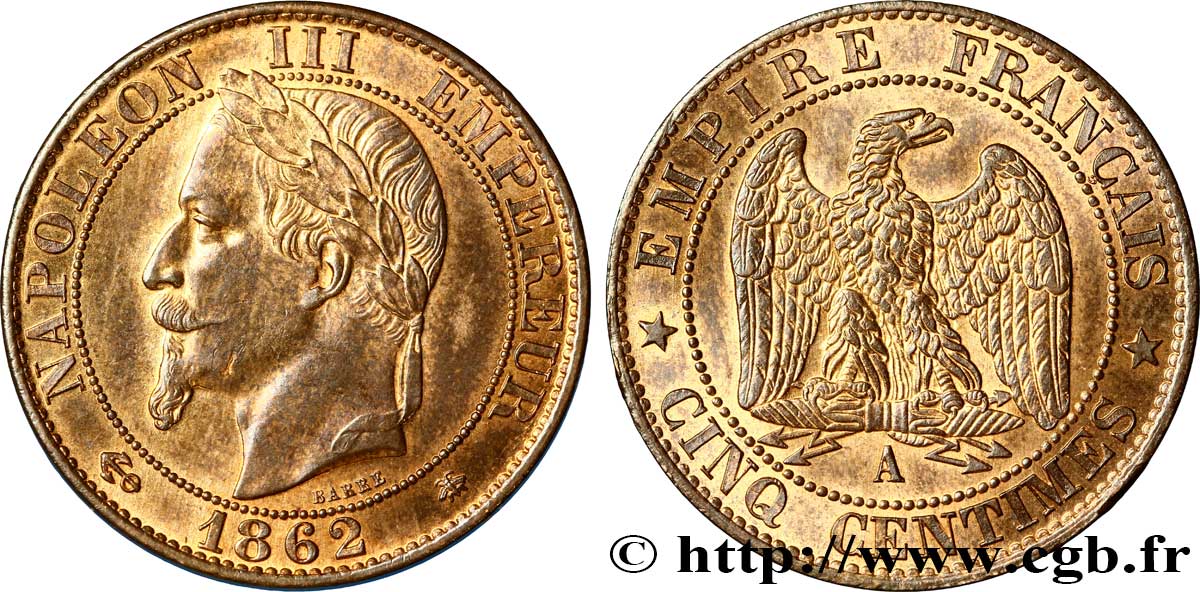 Cinq centimes Napoléon III, tête laurée 1862 Paris F.117/7 SPL60 