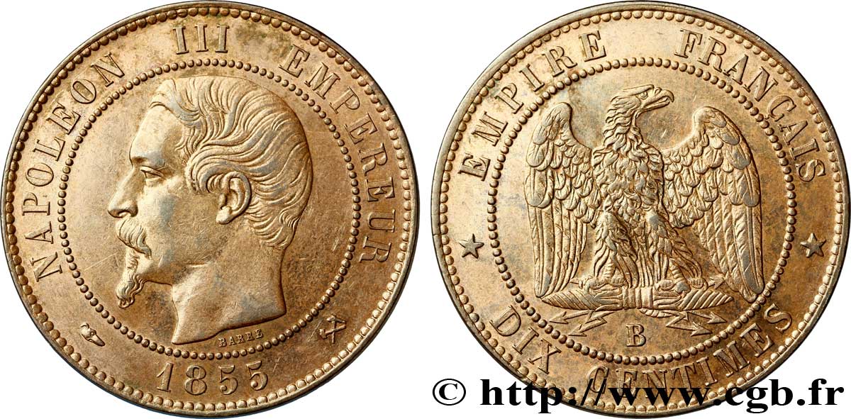 Dix centimes Napoléon III, tête nue 1855 Rouen F.133/21 AU53 