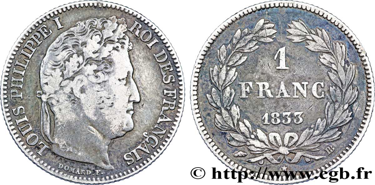 1 franc Louis-Philippe, couronne de chêne 1833 Strasbourg F.210/16 VF20 