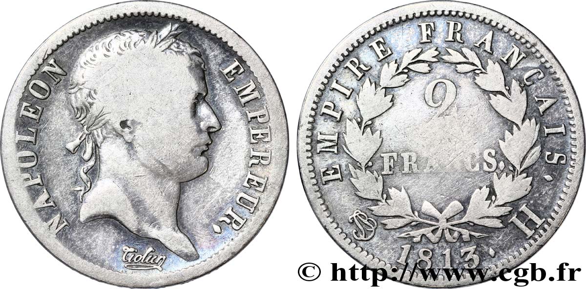 2 francs Napoléon Ier tête laurée, Empire français 1813 La Rochelle F.255/56 B12 