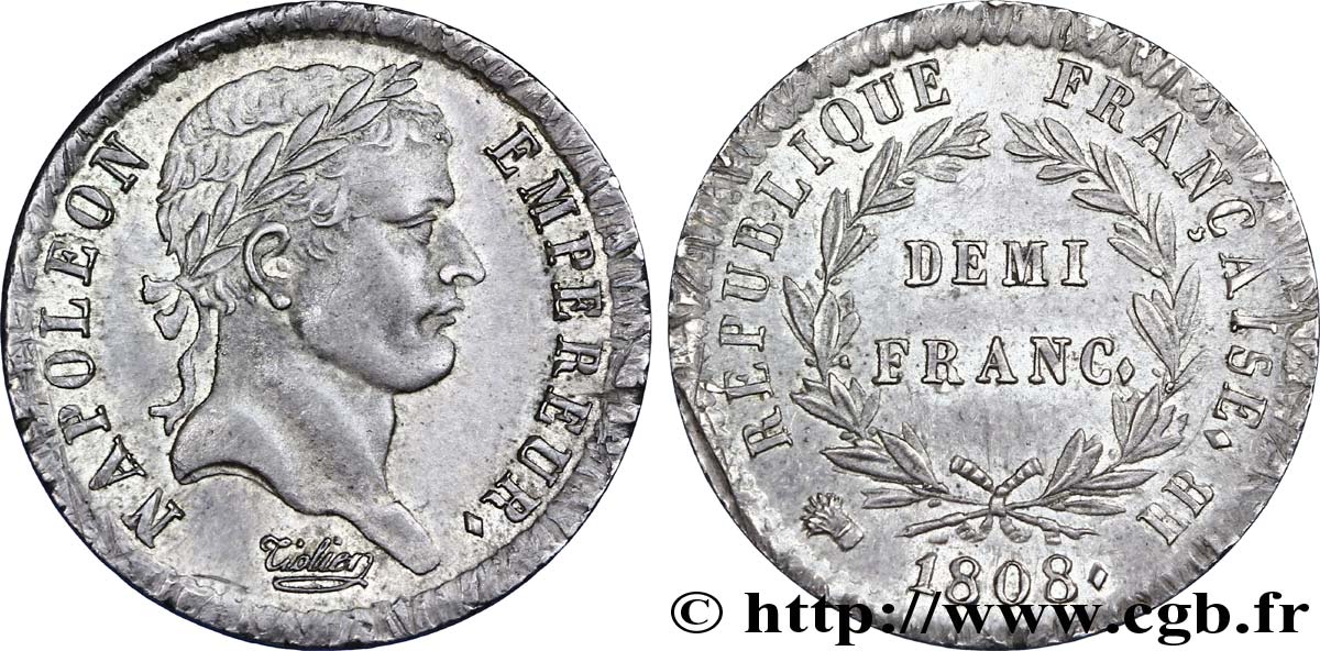 Demi-franc Napoléon Ier tête laurée, République française 1808 Strasbourg F.177/4 EBC58 